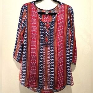 Like New Eddie Bauer SIZE L Aztec 3/4 Sleeve PopOver Sheer Blouse!
